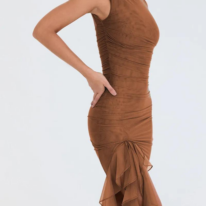 Nell™ - Elegante mouwloze jurk met een ronde kraag en ruches