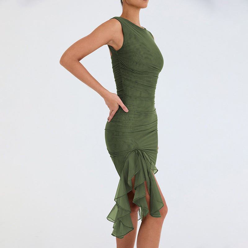 Nell™ - Elegante mouwloze jurk met een ronde kraag en ruches