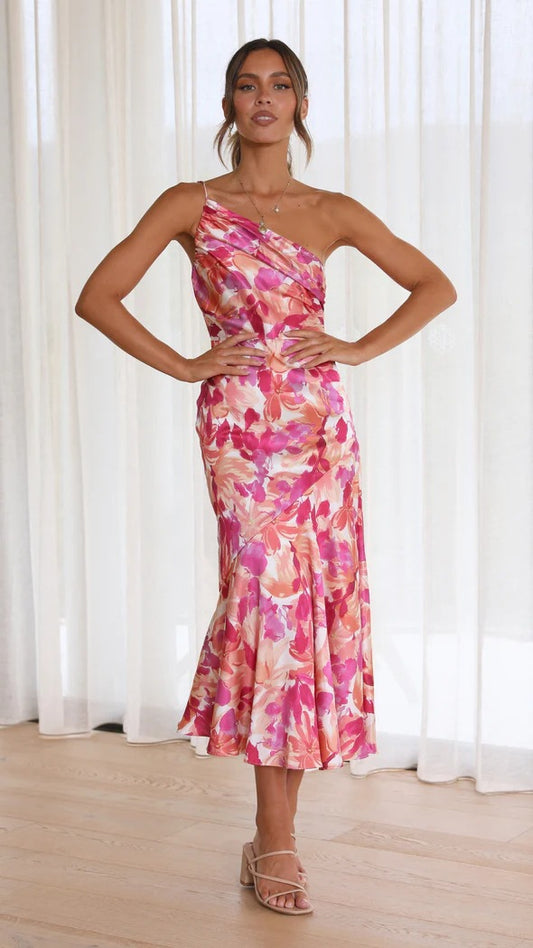 Astra™ - Elegante spaghetti-jurk met één schouder en bloemenprint